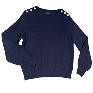 J. Crew Wool Blend Shoulder Sparkle Crew Neck Pullover Sweater Women L Navy Blue